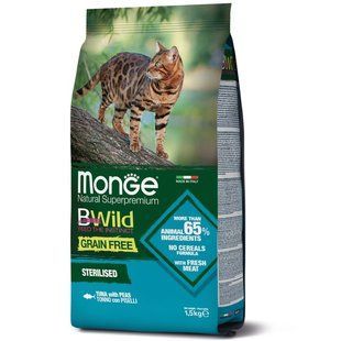 Сухий корм Monge Cat Bwild Grain Free Sterilised тунeць, 1,5кг 72265376 фото