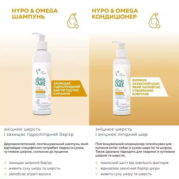 Кондиціонер VetExpert Clinic Care Hypo&Omega Клінік Кеа гіпо&Оме га для собак та котів з чутливою та сухою шкірою, 250 мл 1974671 фото