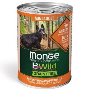 Вологий корм Monge Dog Wet Bwild Grain Free Mini Adult качка гарбуз цукіні, 400г 7645380 фото