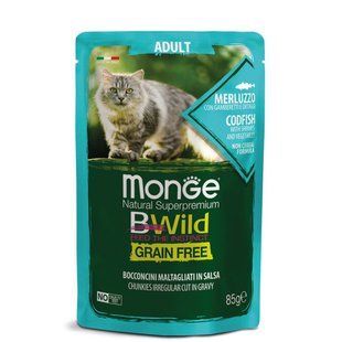 Вологий корм Monge Cat Wet Bwild Grain Free тріска з креветками та овочами, 85г 242815383 фото