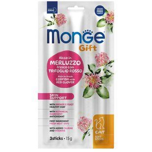 Ласощі м'ясні палички Monge Gift Cat Skin support тріска з червоною конюшиною, 45г 557915486 фото