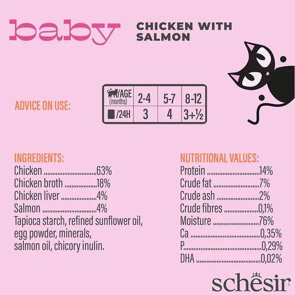 Schesir Baby КУРКА З ЛОСОСЕМ (Chicken Salmon) в бульйоні консерви для кошенят, 70 г 3845257 фото