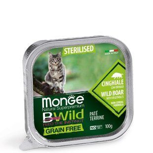 Вологий корм Monge Cat Wet Bwild Grain Free Sterilised кабан з овочами, 100г 39095393 фото