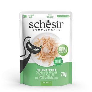 Вологий корм для котів Schesir Chicken with Seabass куряче філе з морським окунем в желе, пауч 70 г 7336926 фото