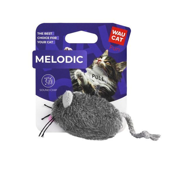 Іграшка для котів WAUCAT Fun Melodic Мишка сіра зі звуковим чипом, штучне хутро, 130 мм 344439 фото